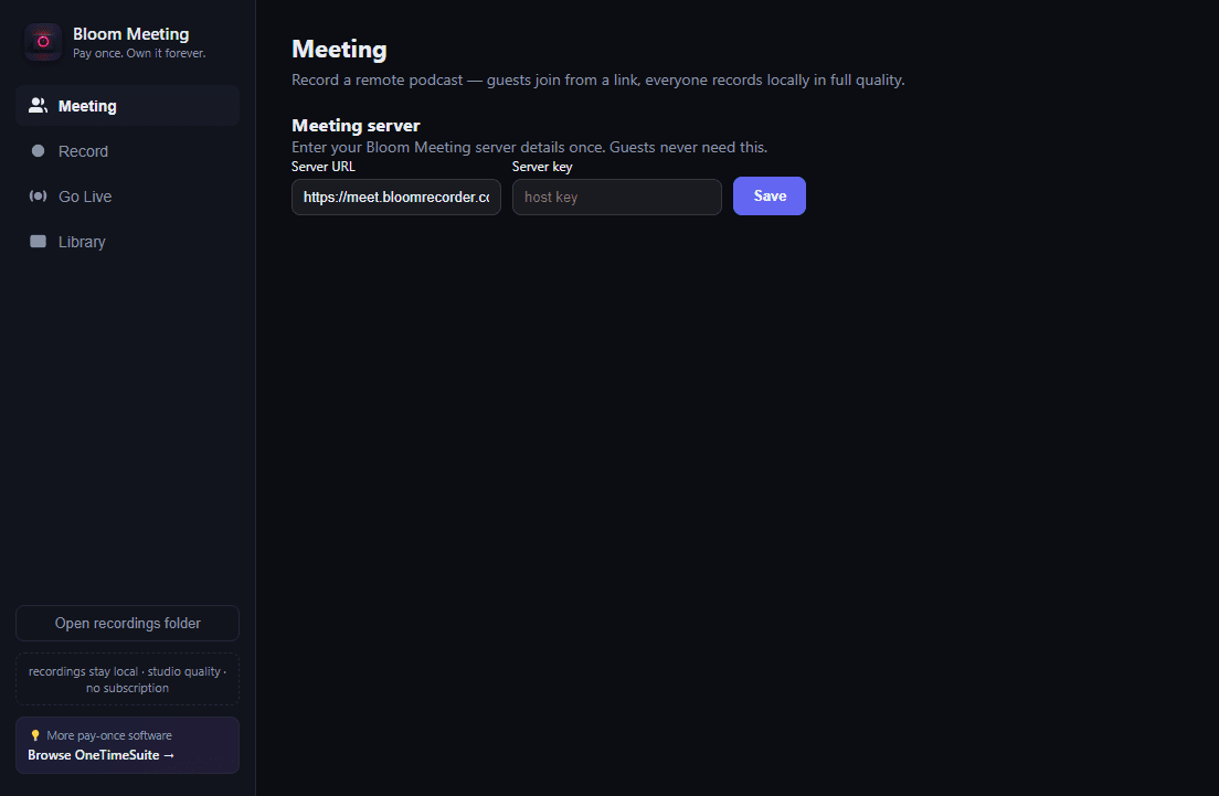 Bloom Meeting host dashboard showing a live meeting with guest thumbnails and recording controls